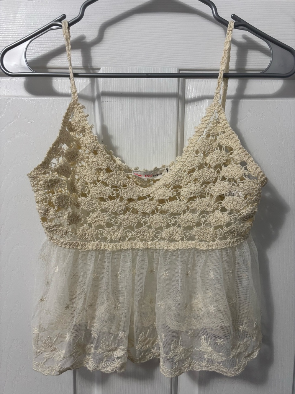 Love Tree Cream Crochet Embroidered Mesh Babydoll Cami Top Size Small